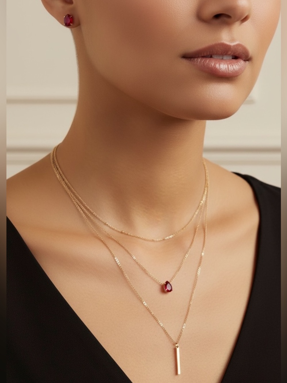 Gold Plated Layered Necklace with Red CZ Teardrop Pendant